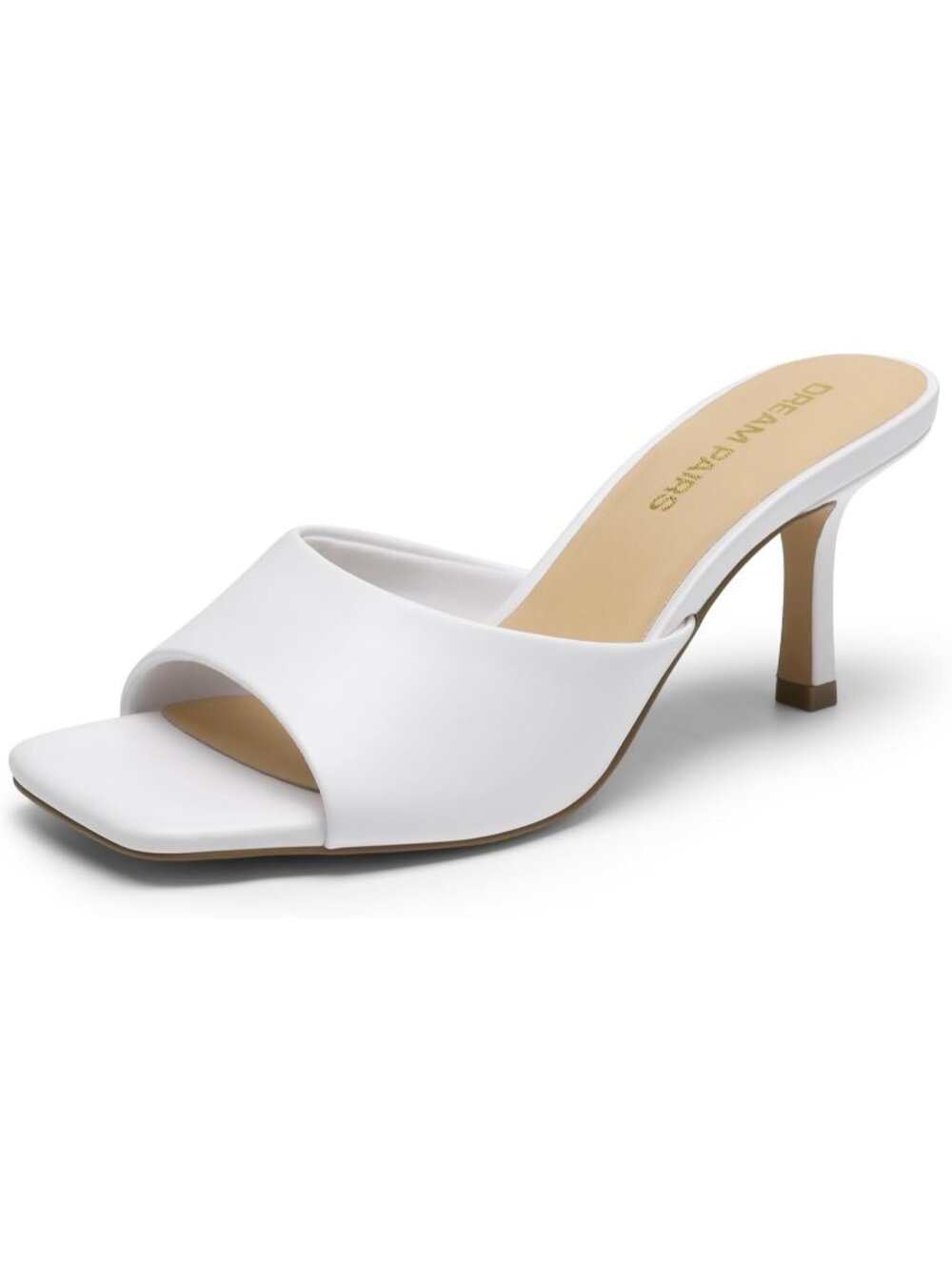Women’s White Faux Leather Summer Comfort Square Toe Casual Kitten Mule Heels